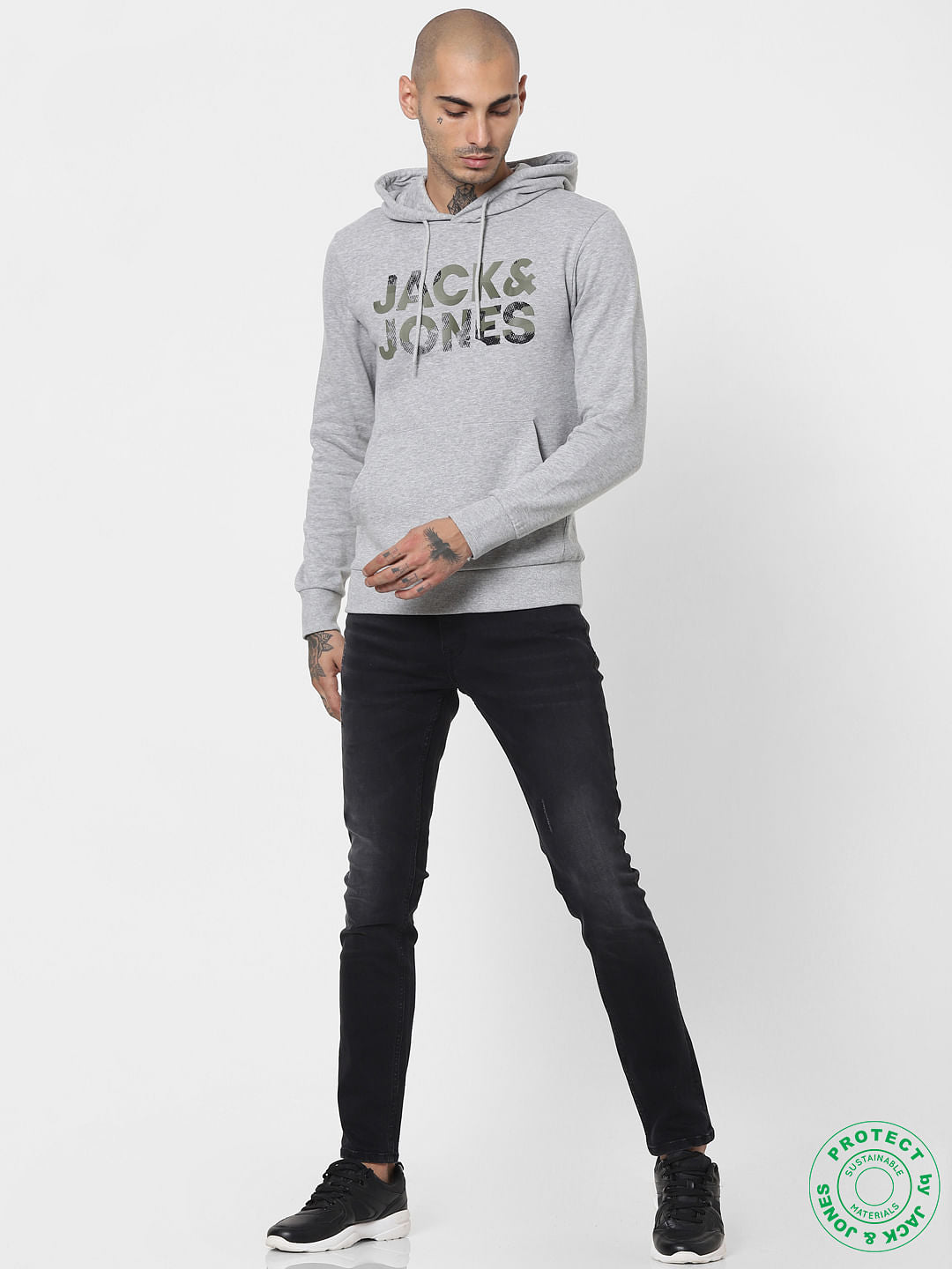 Grey Logo Print Hooded Sweatshirt