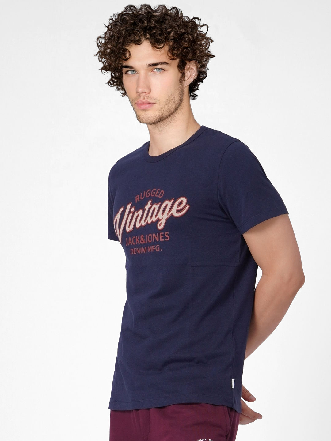 Navy Blue Logo Print Crew Neck T-shirt