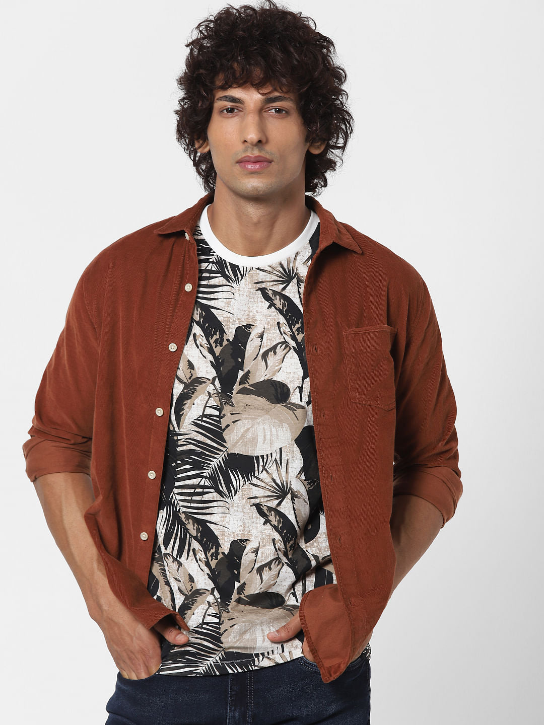 Dark Green Tropical Print Crew neck T-shirt - S