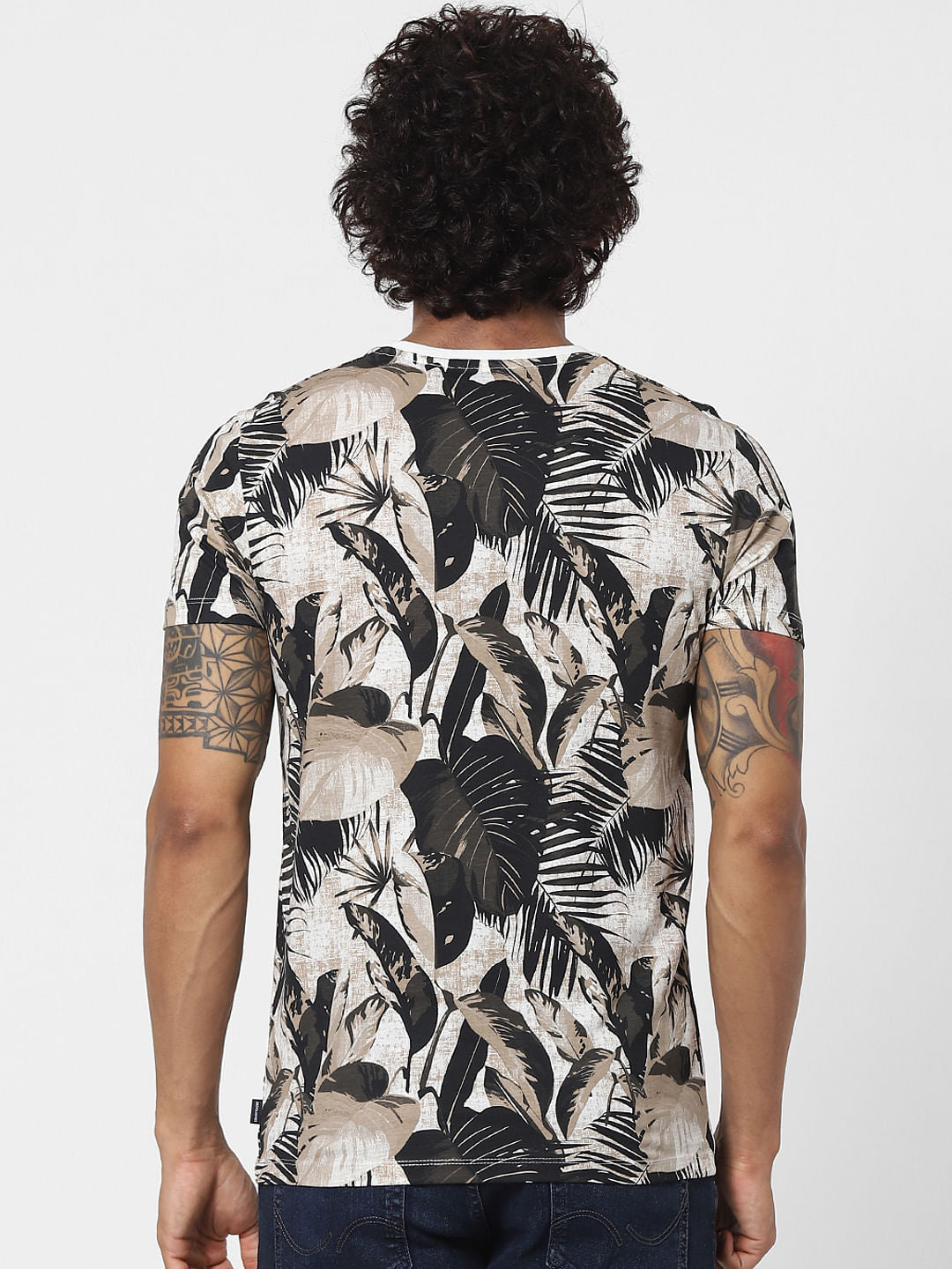 Dark Green Tropical Print Crew neck T-shirt