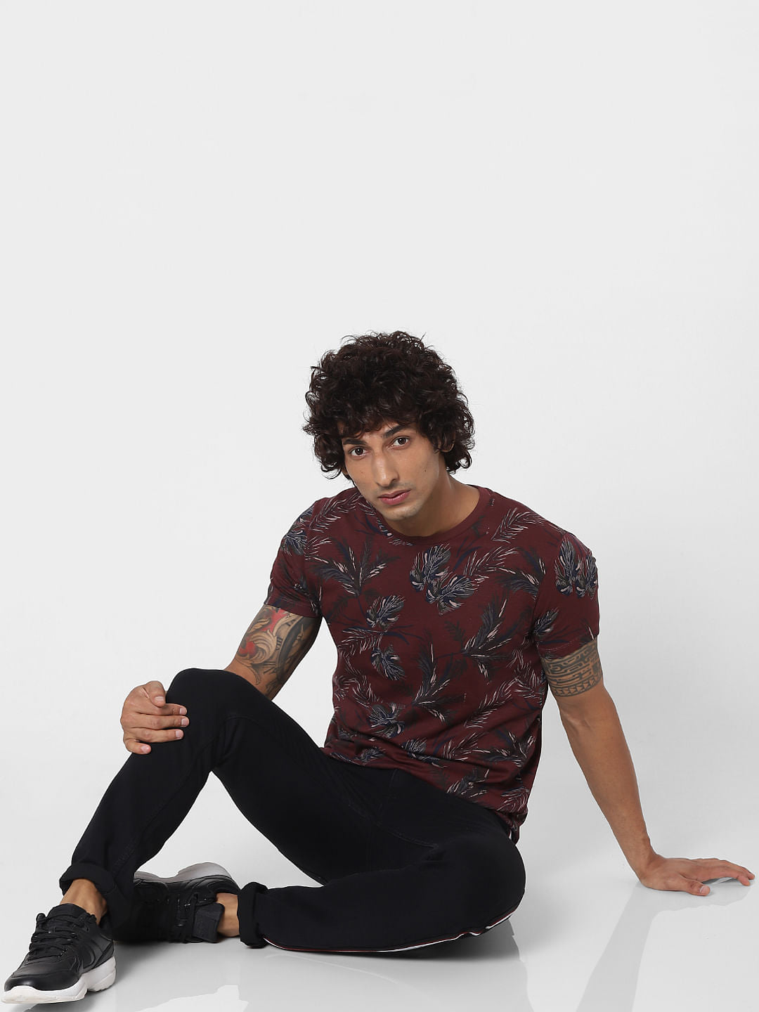 Red Tropical Print Crew neck T-shirt
