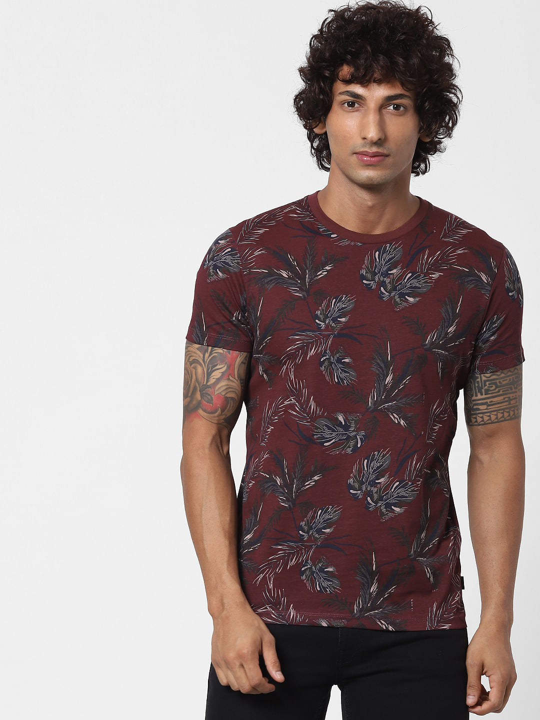 Red Tropical Print Crew neck T-shirt
