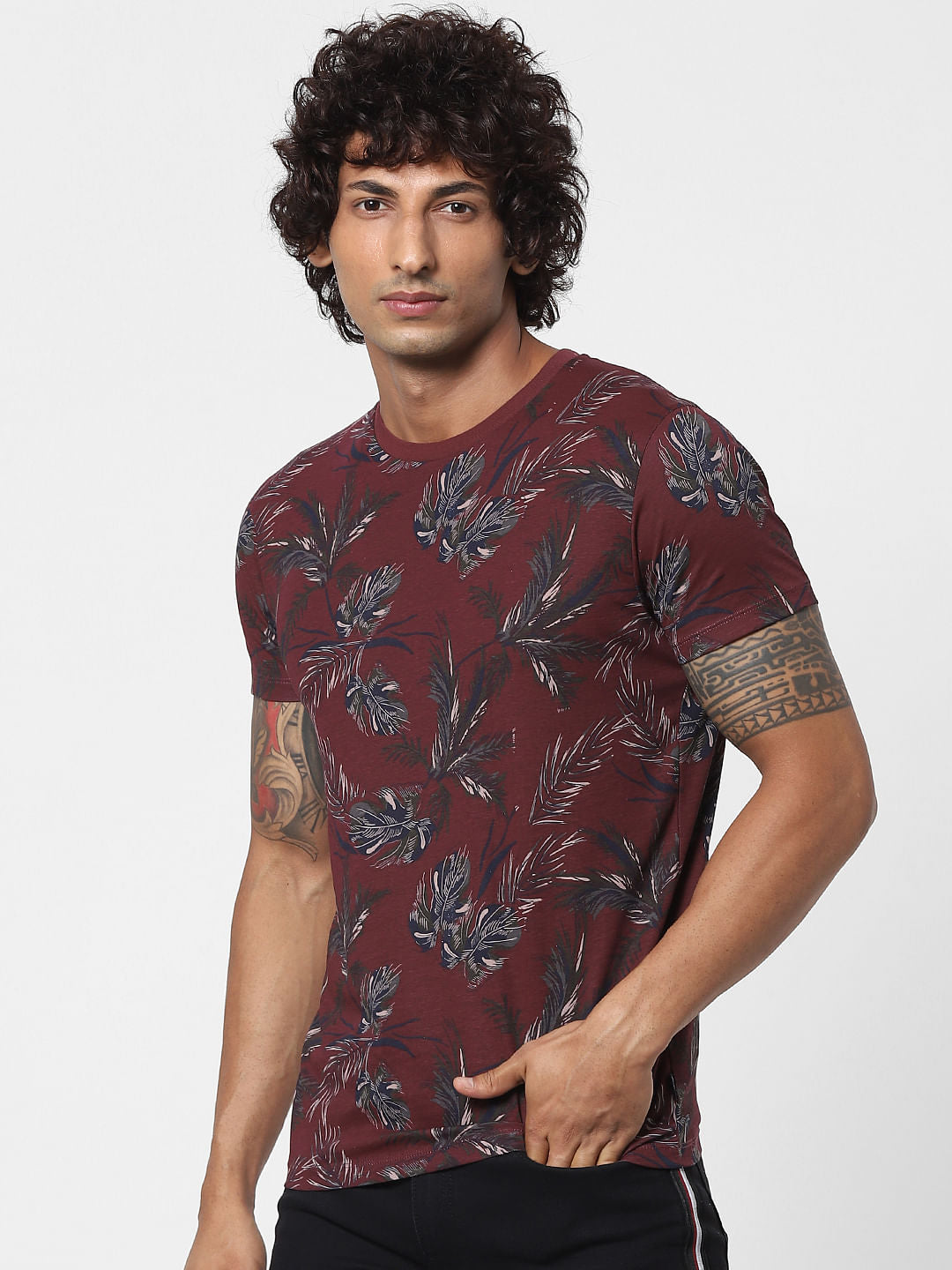 Red Tropical Print Crew neck T-shirt