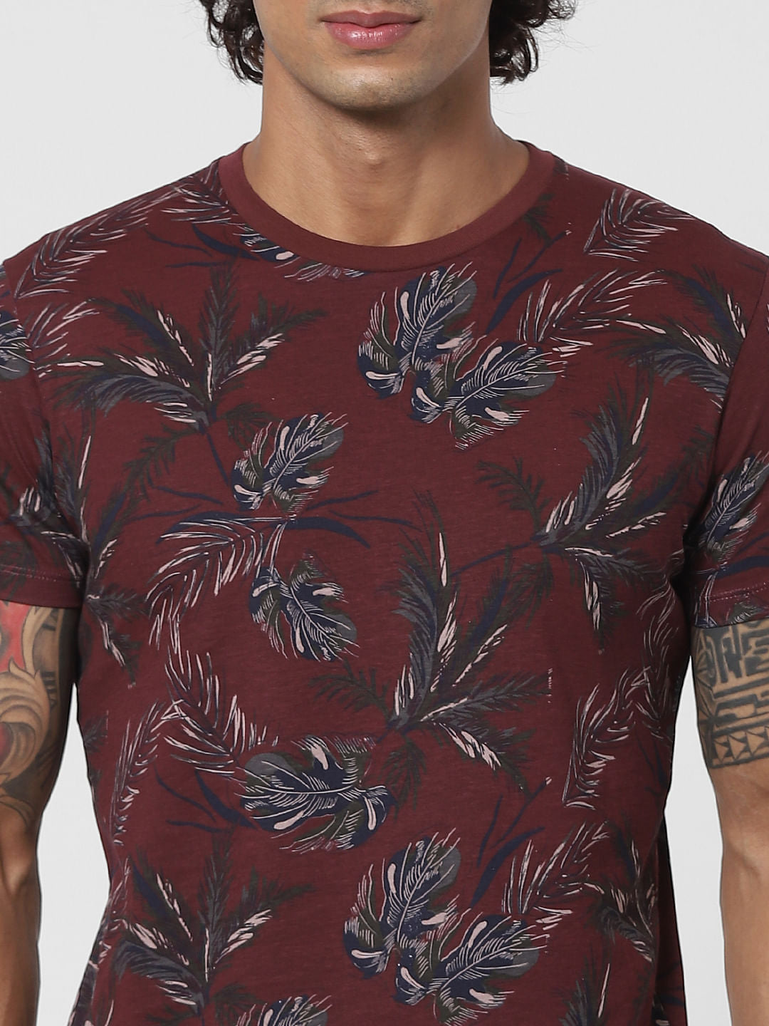 Red Tropical Print Crew neck T-shirt