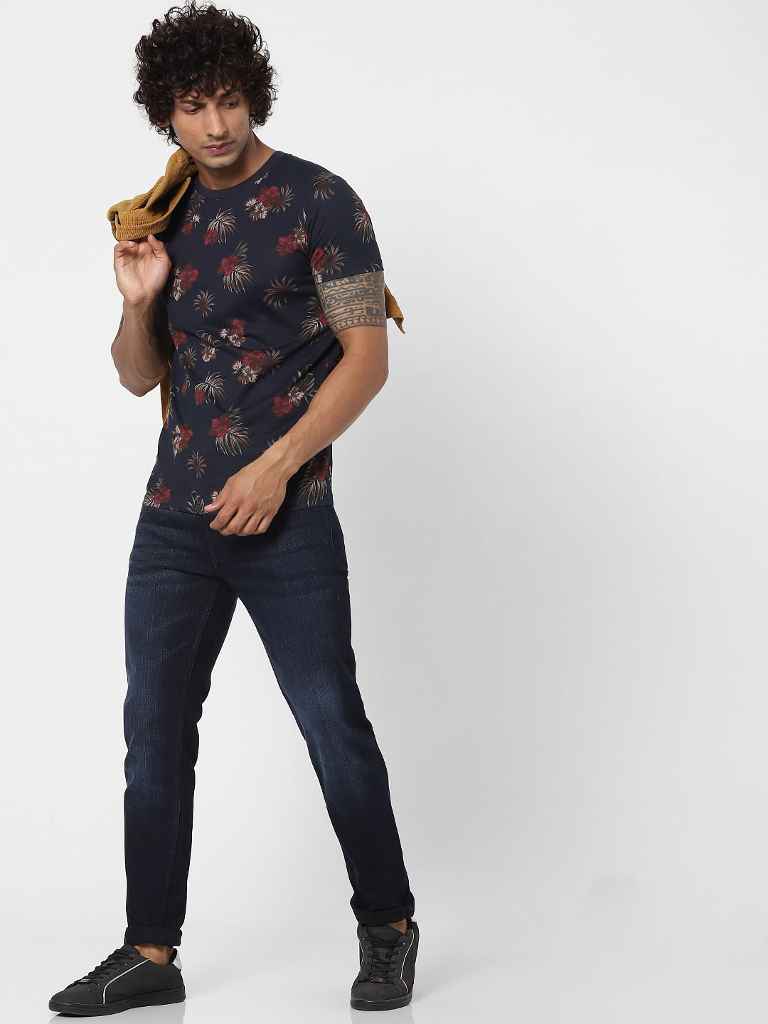 Blue Tropical Print Crew neck T-shirt - S