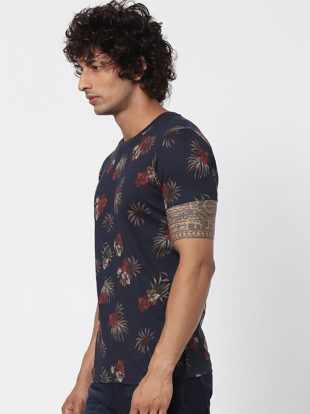 Blue Tropical Print Crew neck T-shirt