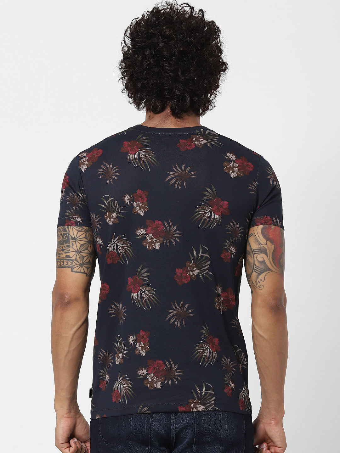 Blue Tropical Print Crew neck T-shirt