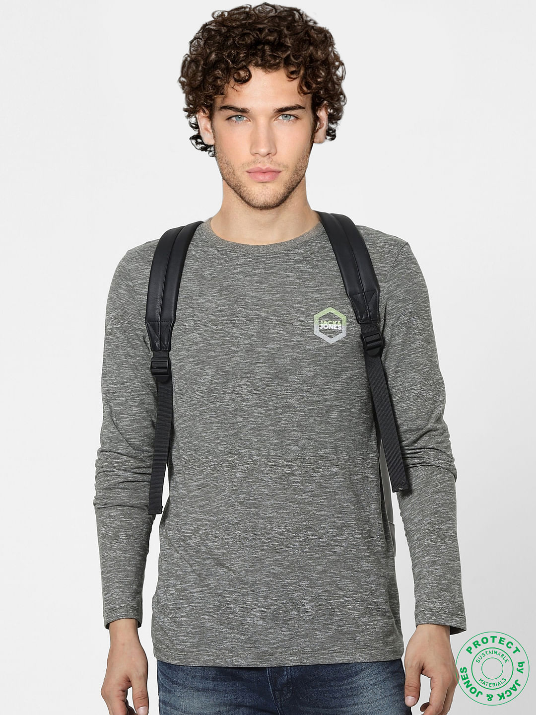 Grey Logo Print Full Sleeves T-shirt - S