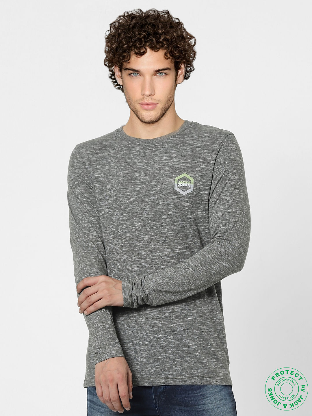 Grey Logo Print Full Sleeves T-shirt