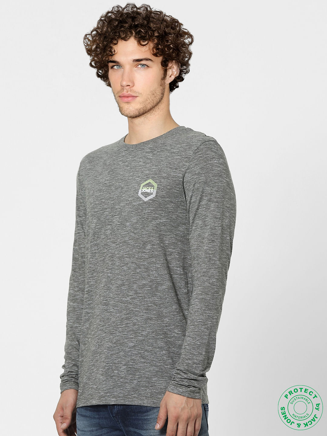 Grey Logo Print Full Sleeves T-shirt
