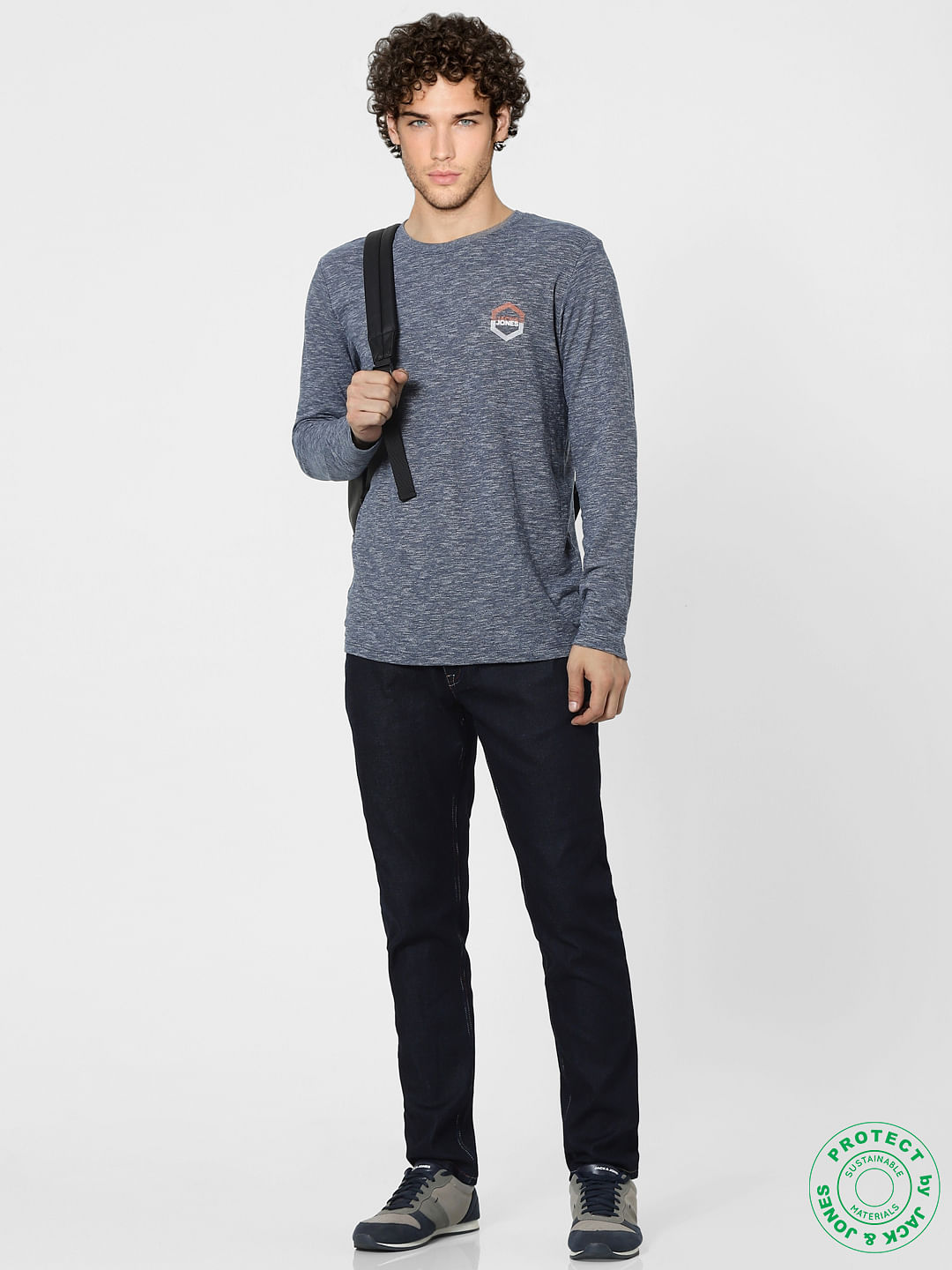 Blue Logo Print Full Sleeves T-shirt