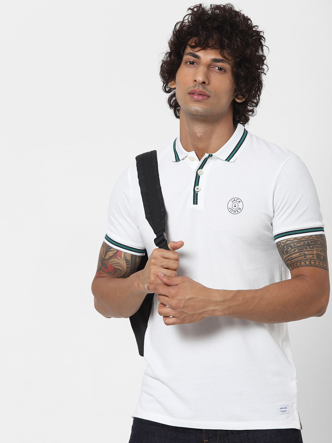 White Contrast Tipping Polo Neck T-shirt - S
