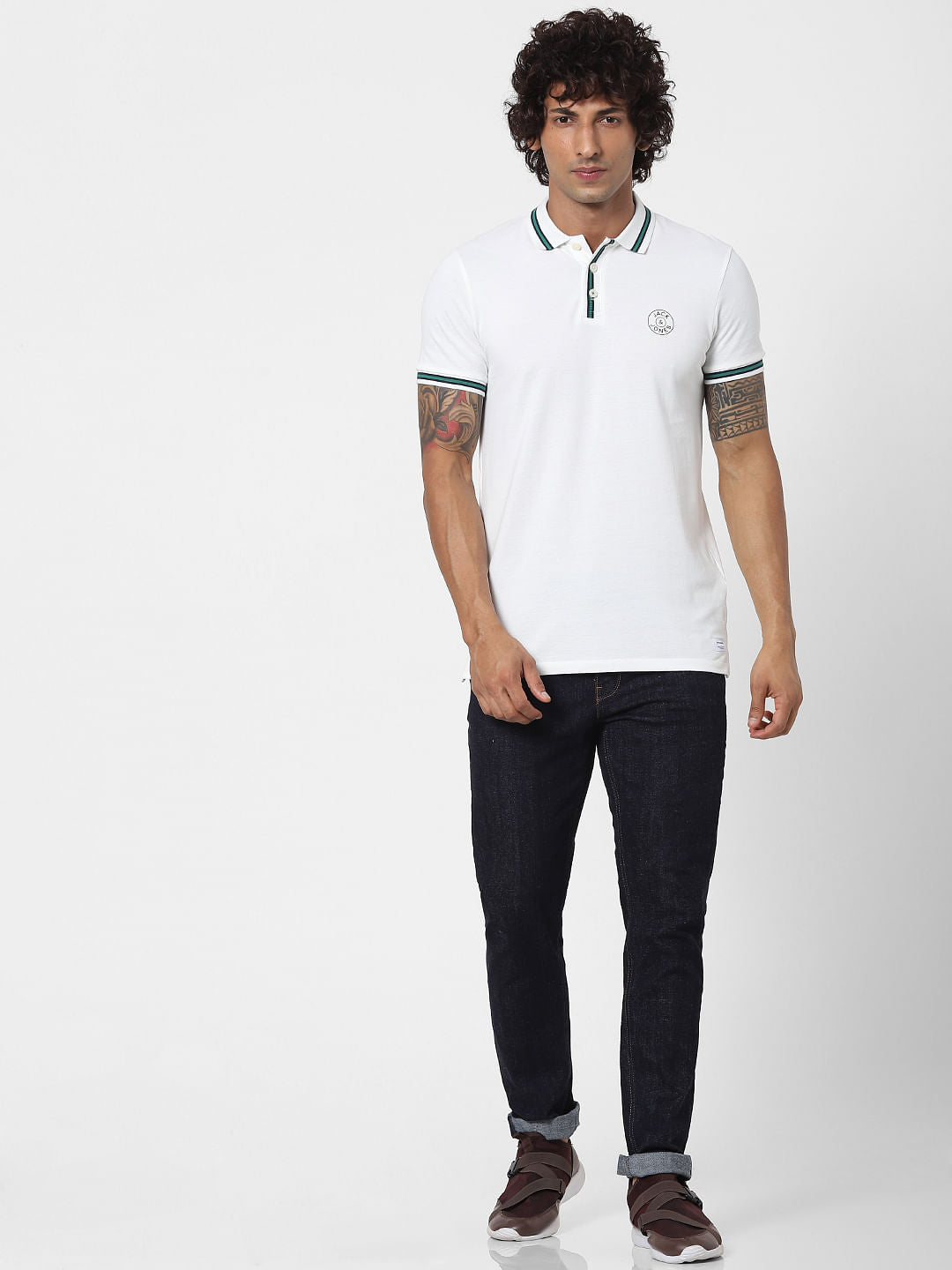 White Contrast Tipping Polo Neck T-shirt