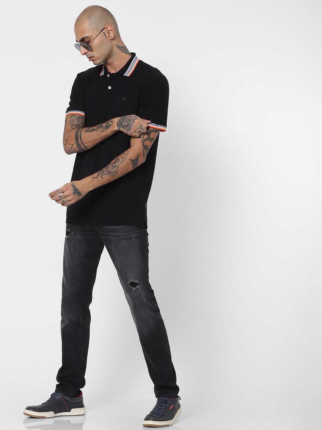 Black Contrast Tipping Polo Neck T-shirt - S