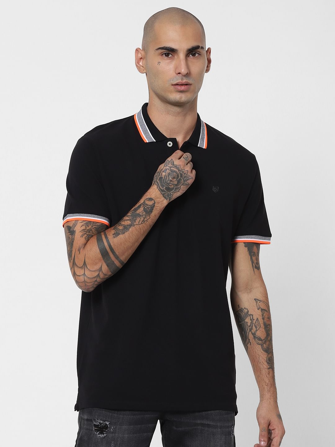 Black Contrast Tipping Polo Neck T-shirt