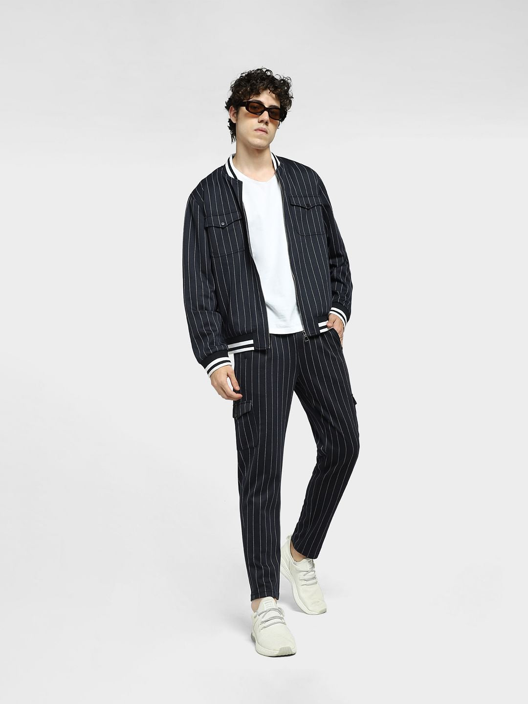 Navy Blue Striped Co-ord Cargo Pants - S