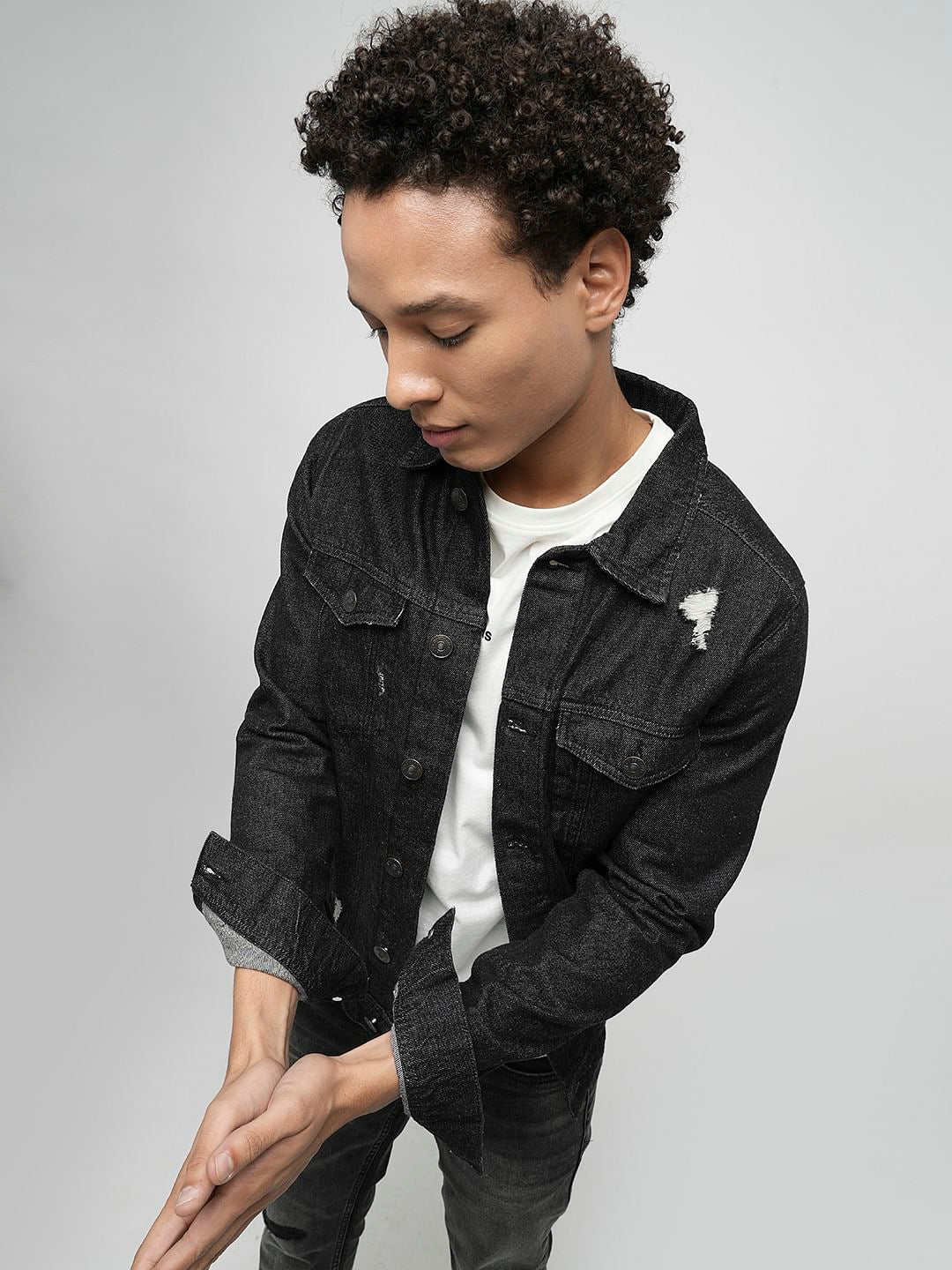 PRODUKT by JACK&JONES Black Distressed Cotton Denim Jacket - S