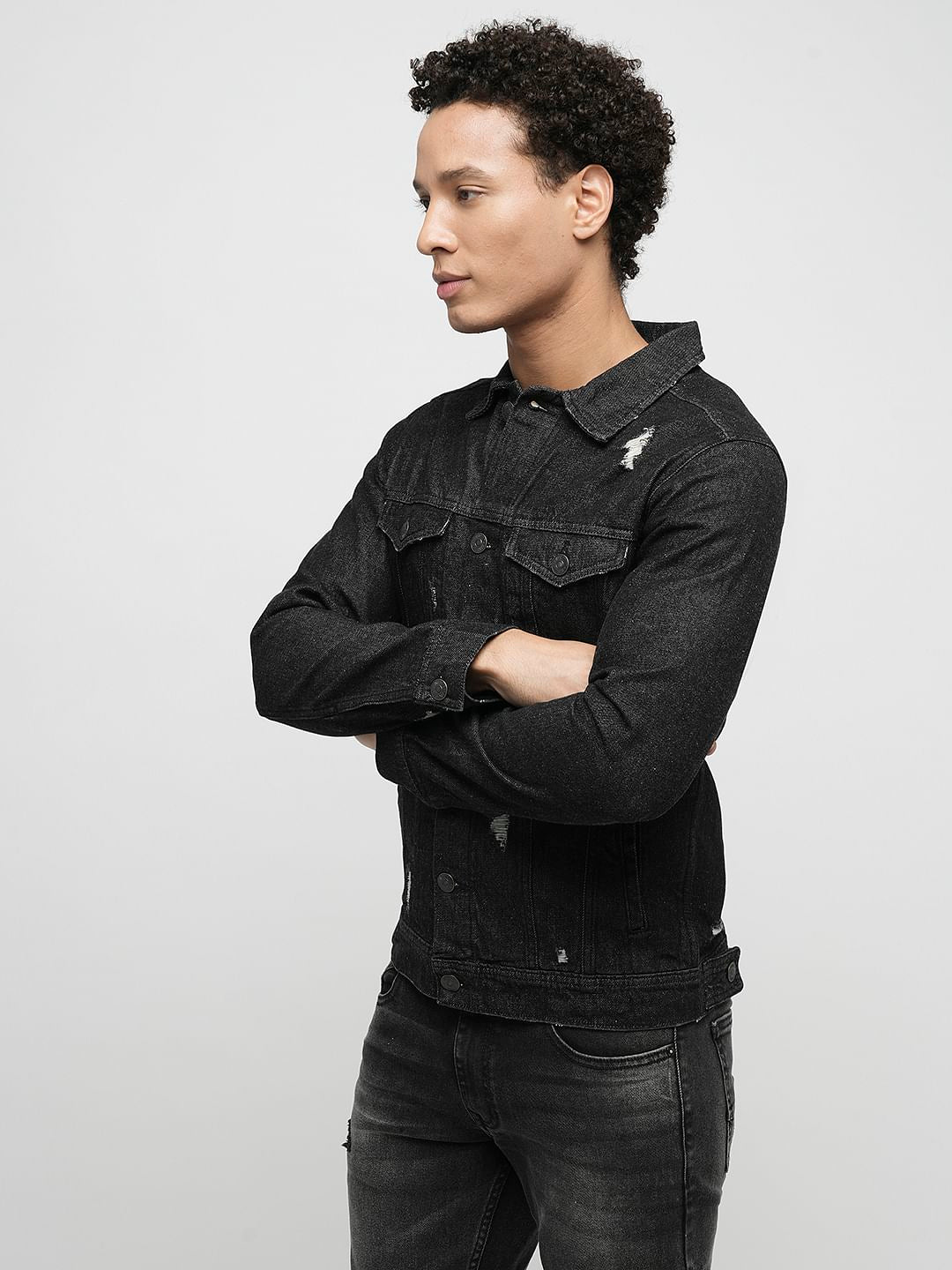 PRODUKT by JACK&JONES Black Distressed Cotton Denim Jacket