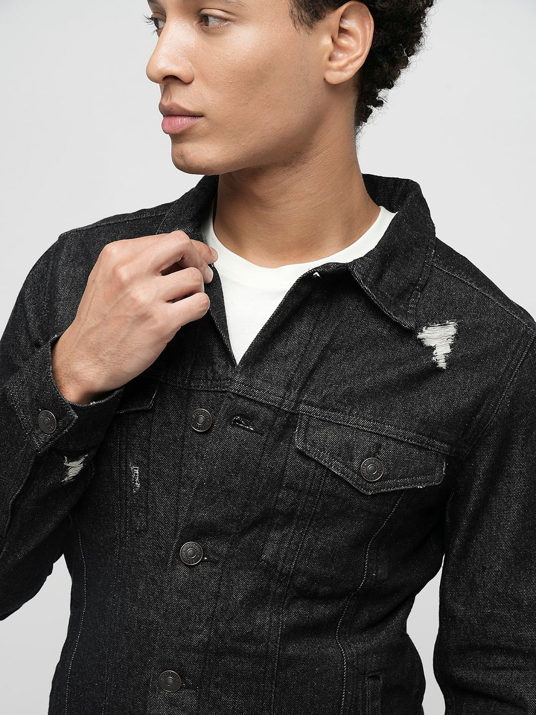 PRODUKT by JACK&JONES Black Distressed Cotton Denim Jacket
