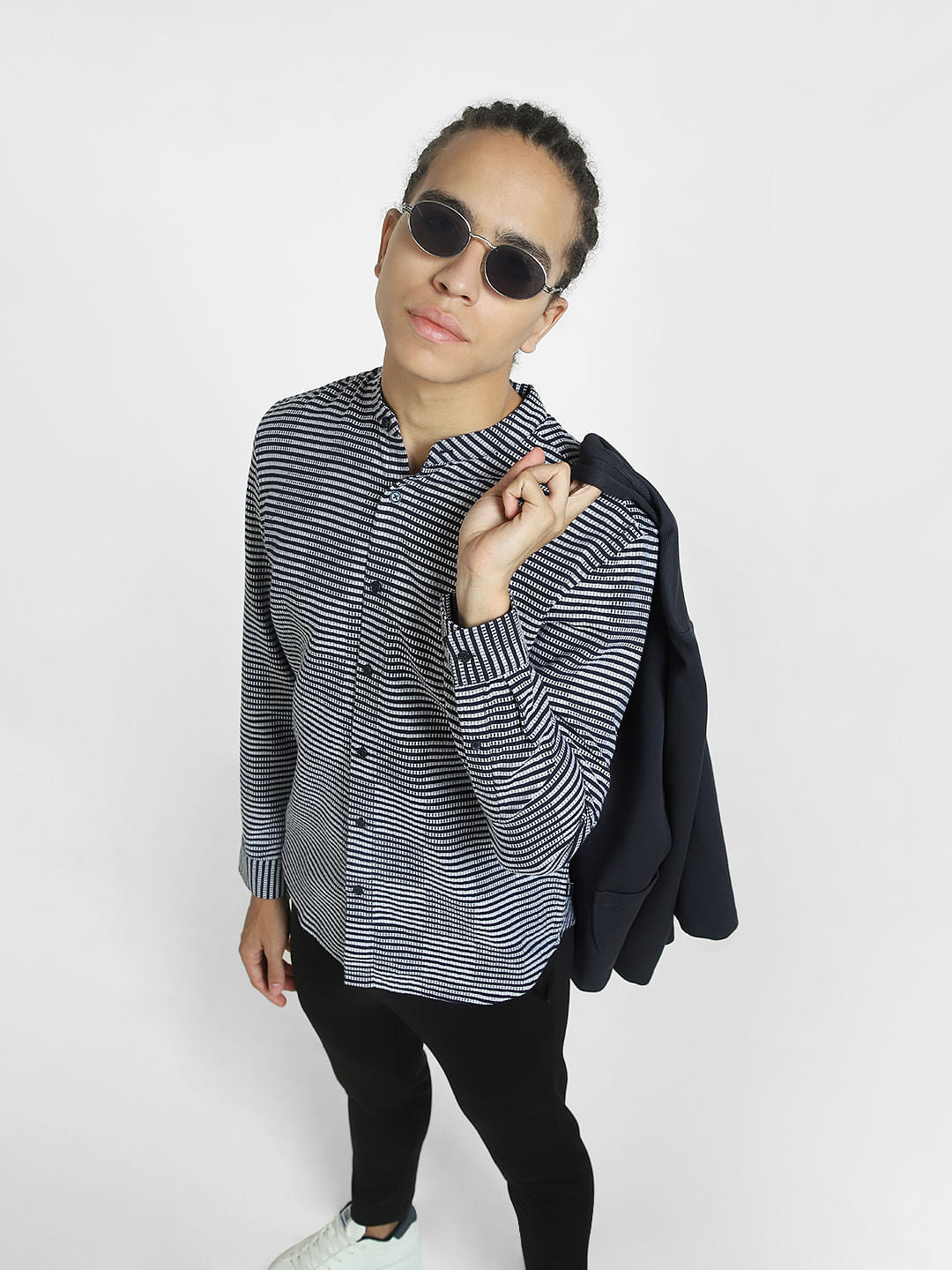 Grey Striped Full Sleeves Shirt - S