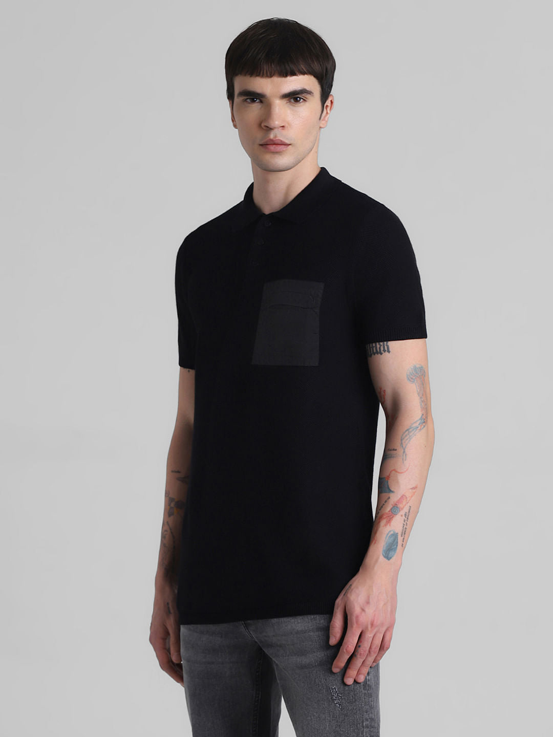 Black Cotton Knit Polo T-shirt