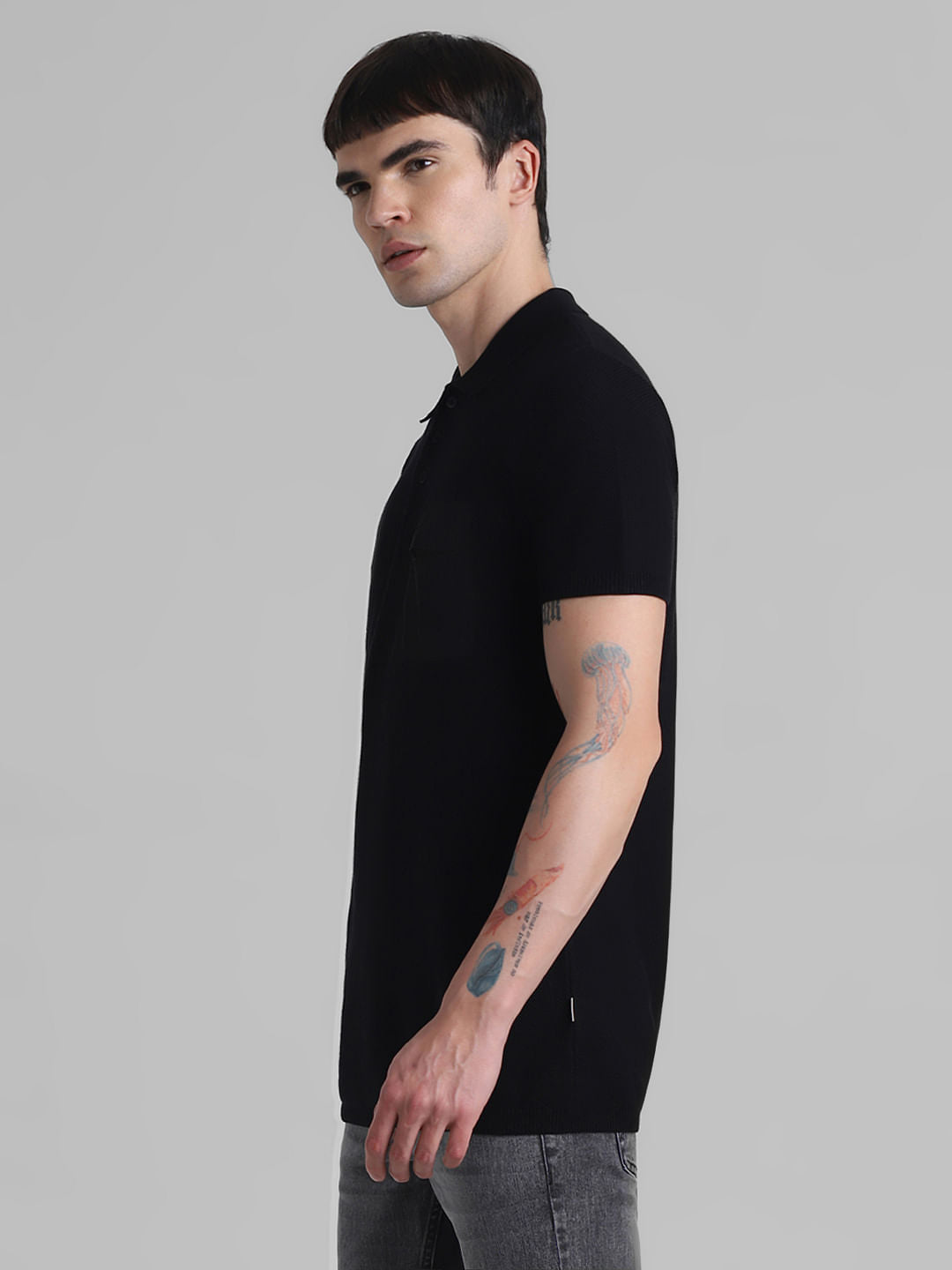 Black Cotton Knit Polo T-shirt