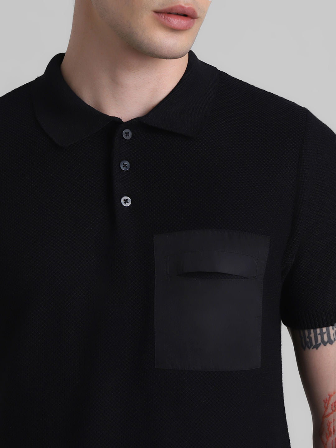 Black Cotton Knit Polo T-shirt