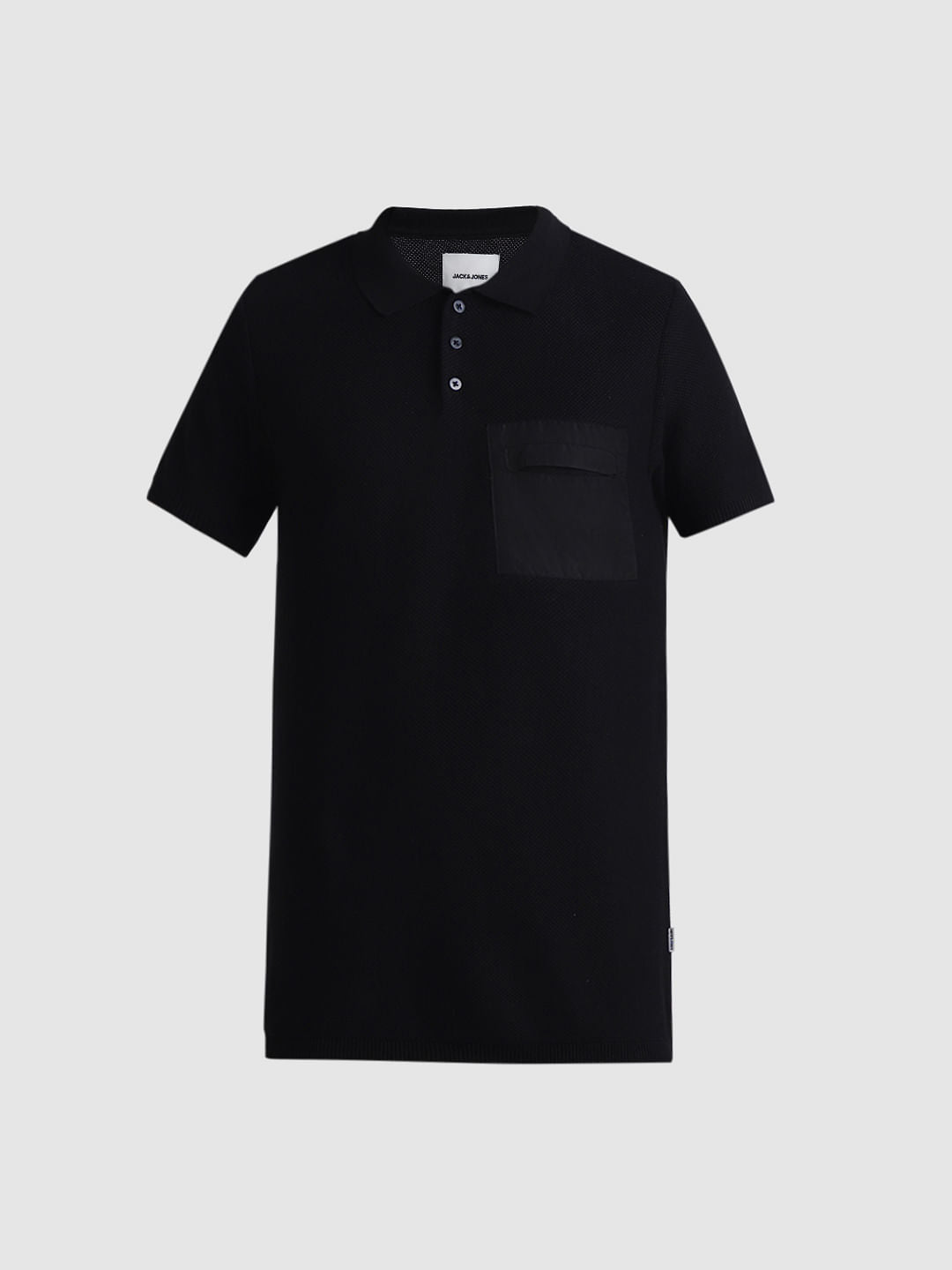 Black Cotton Knit Polo T-shirt