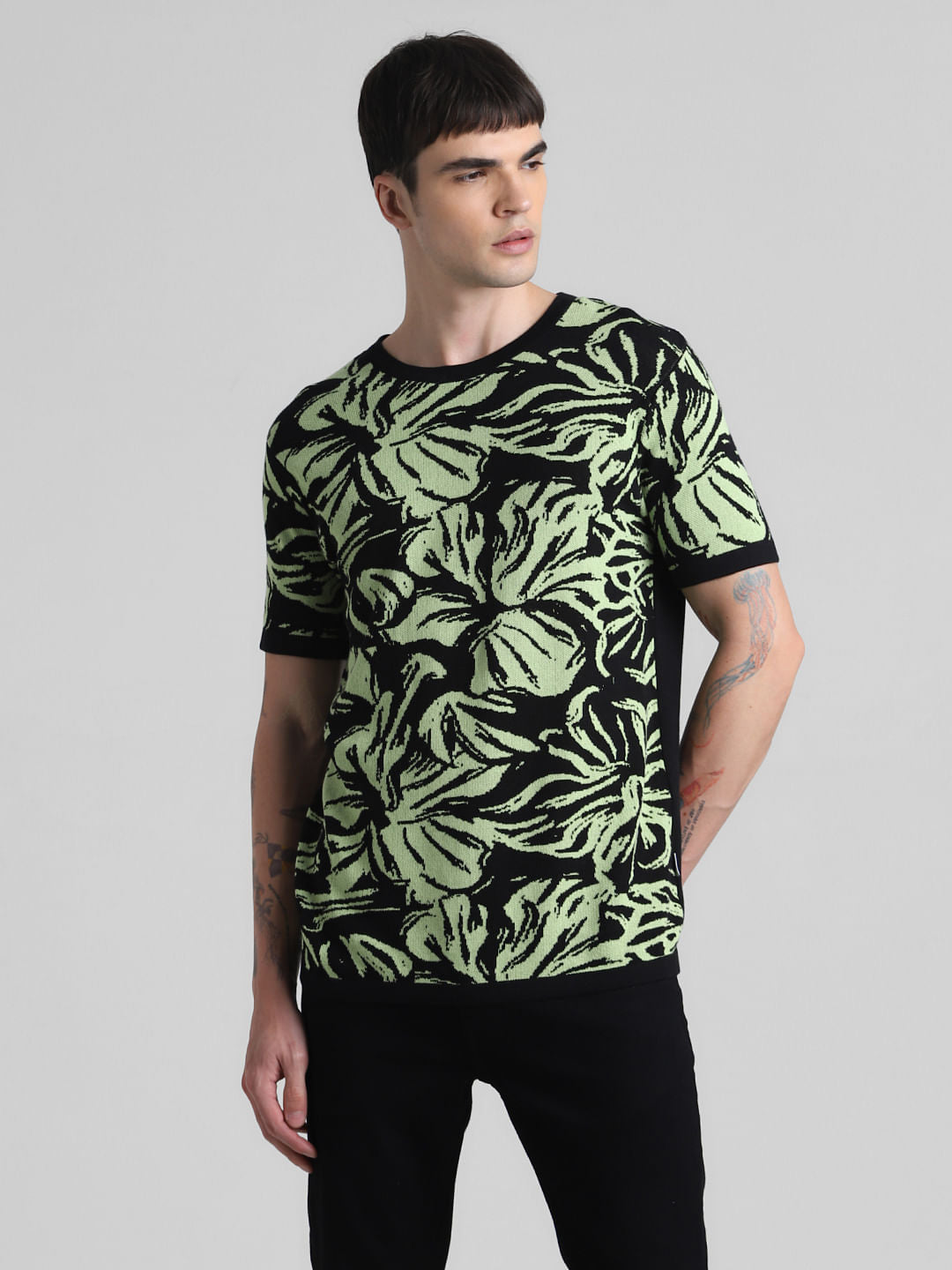 Black Printed Jacquard Knit T-shirt