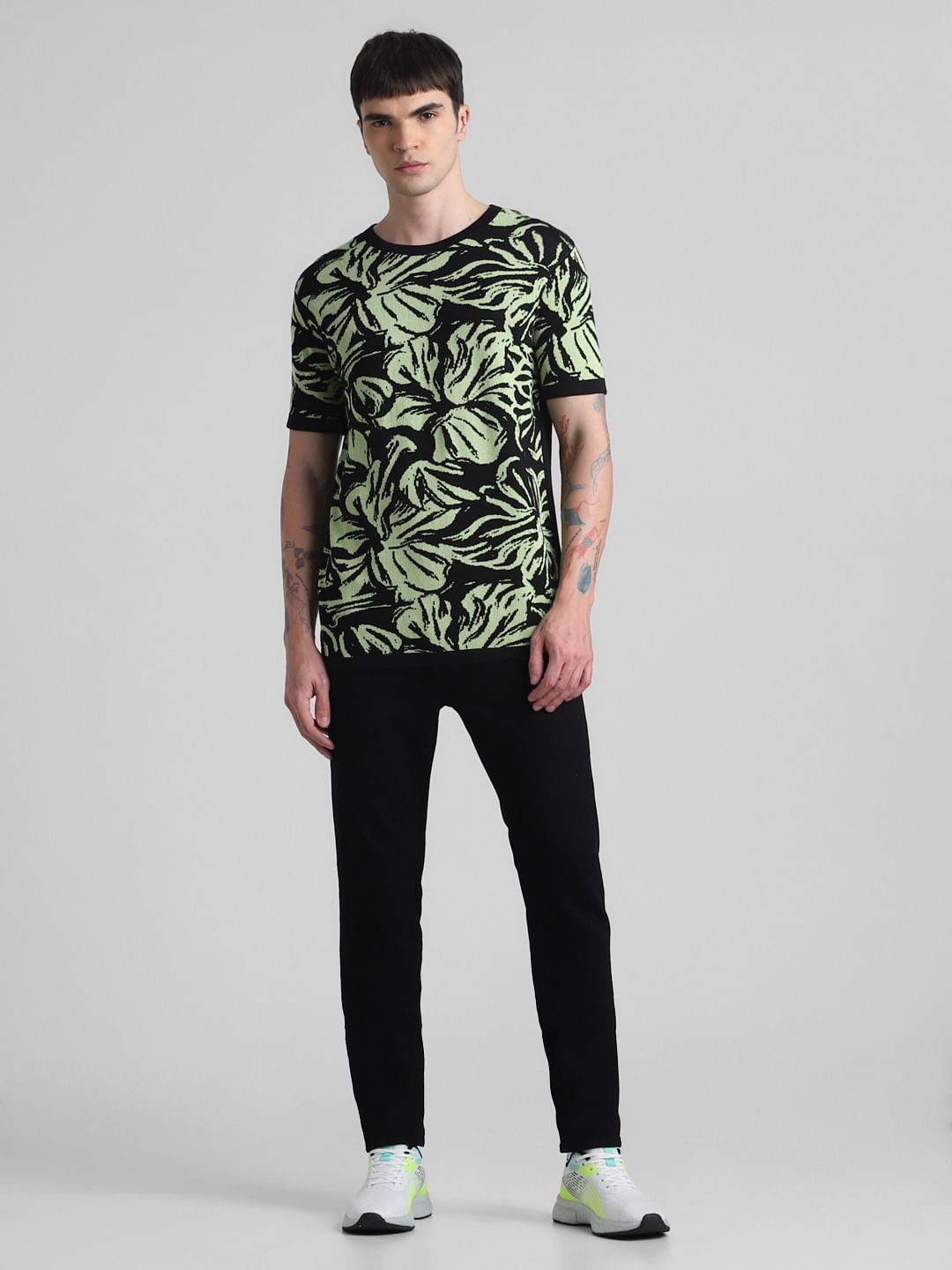 Black Printed Jacquard Knit T-shirt