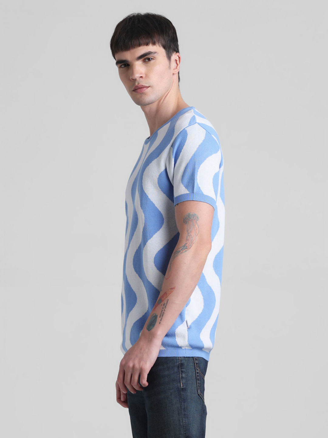 Blue Printed Jacquard Knit T-shirt