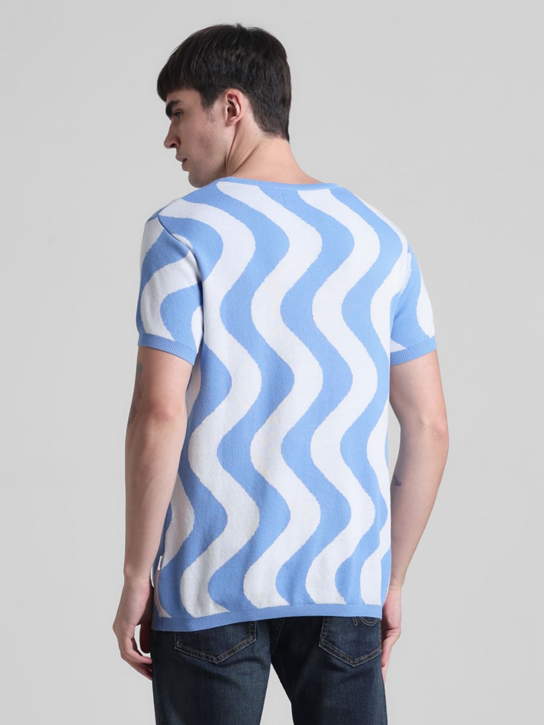 Blue Printed Jacquard Knit T-shirt