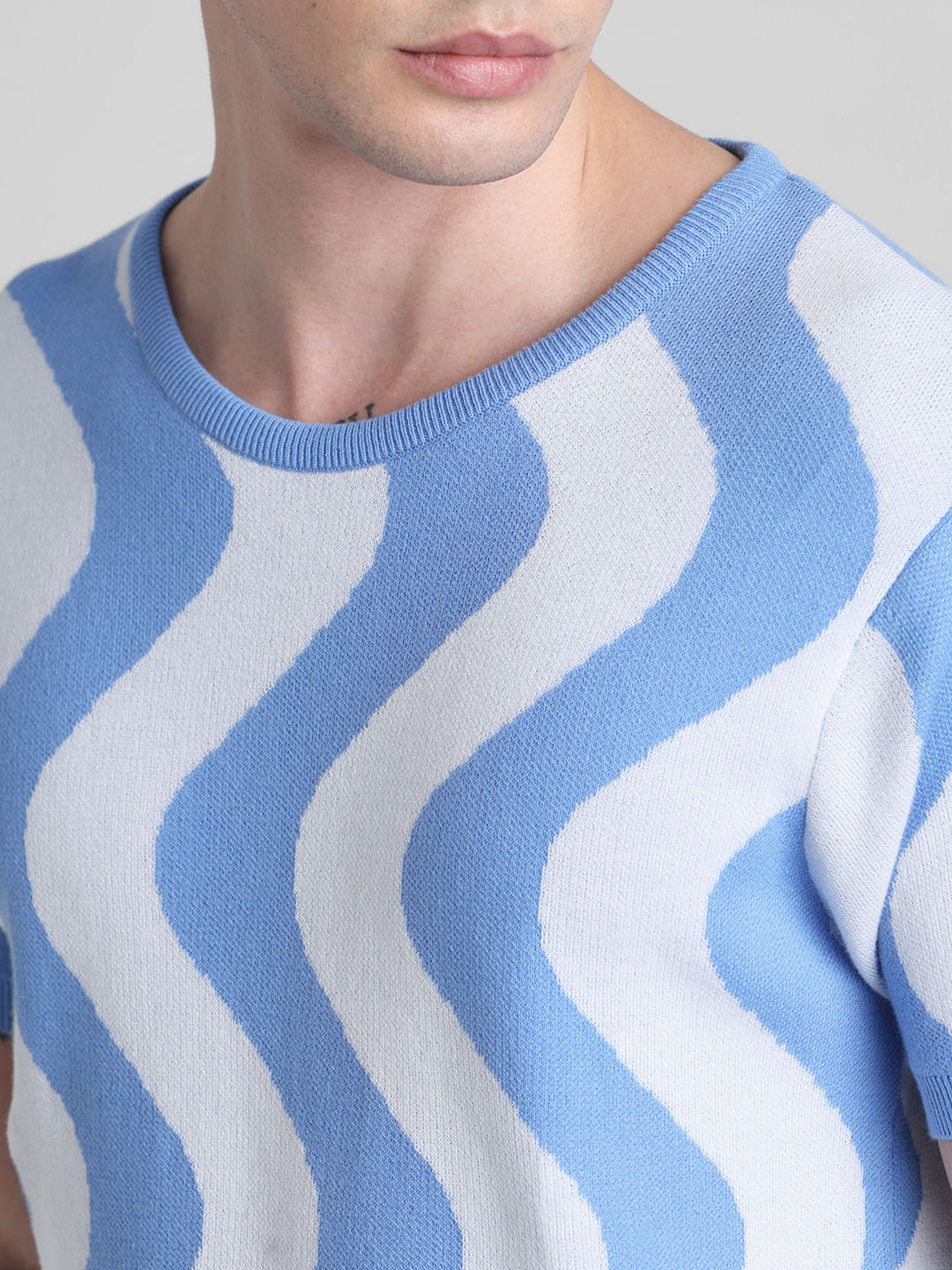 Blue Printed Jacquard Knit T-shirt