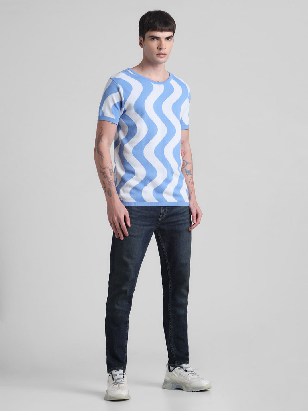 Blue Printed Jacquard Knit T-shirt