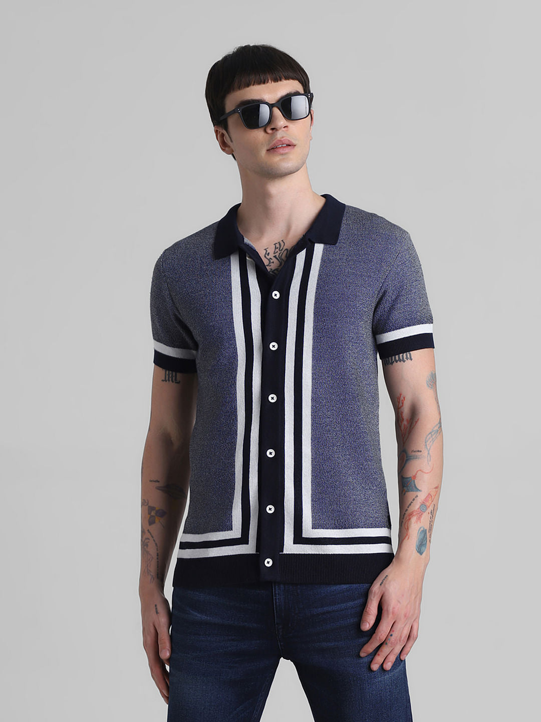 Blue Front Open Knitted Polo