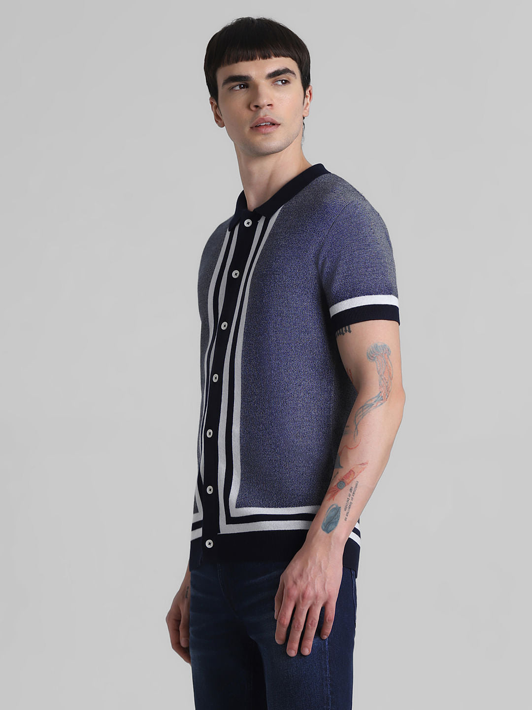 Blue Front Open Knitted Polo