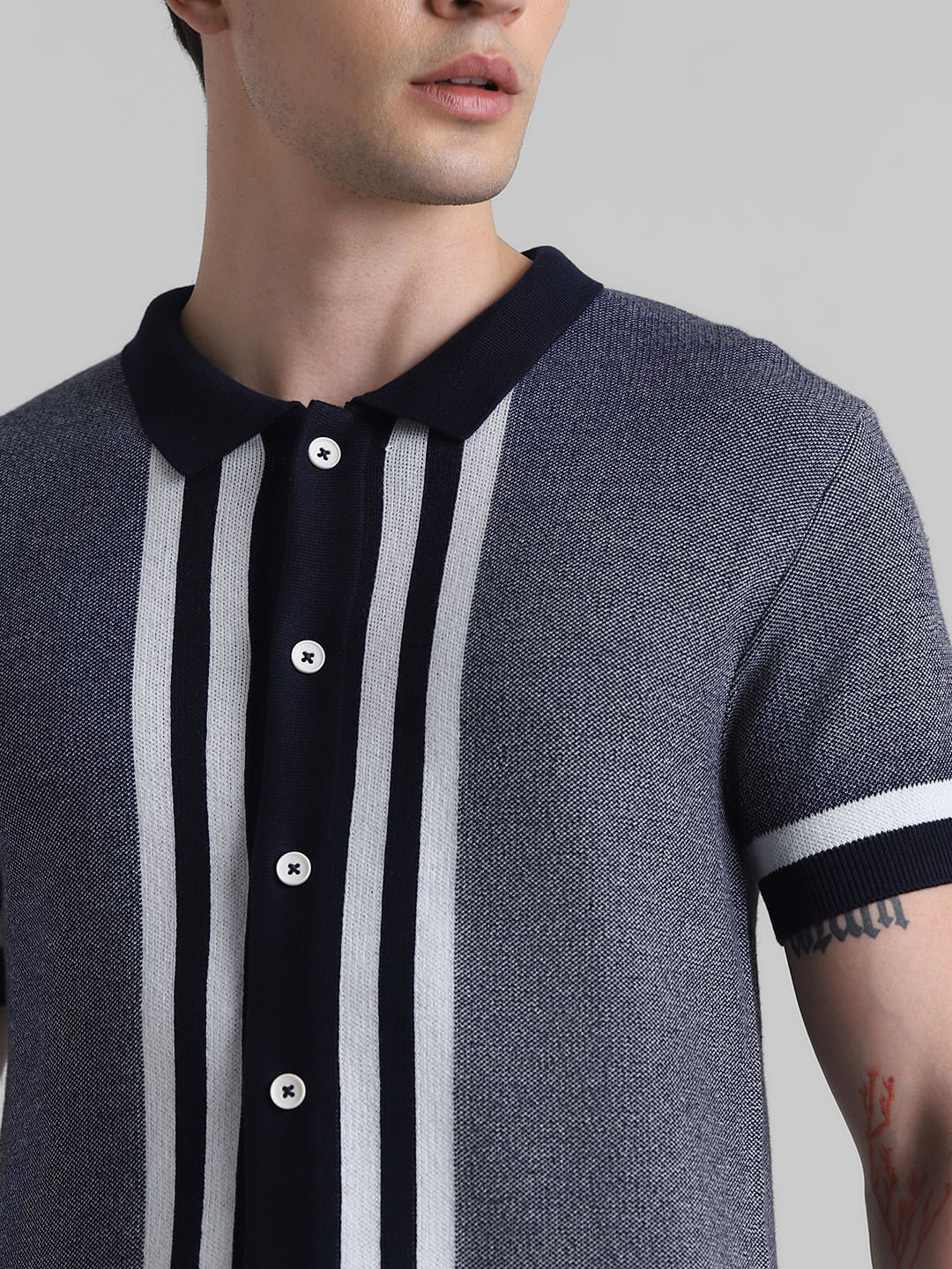 Blue Front Open Knitted Polo