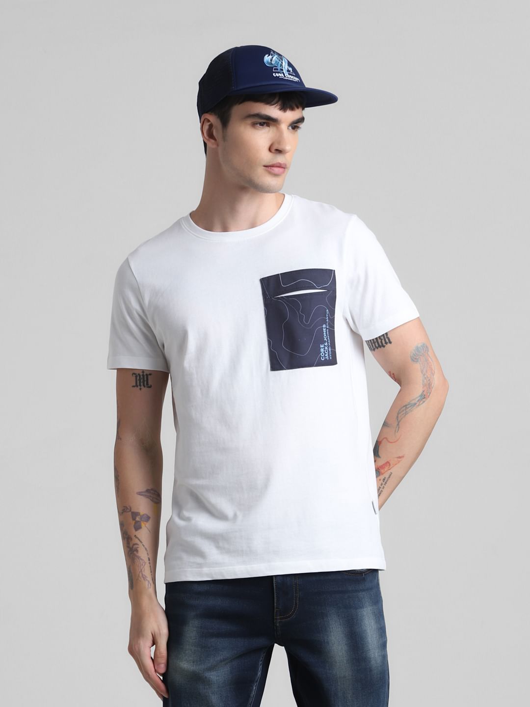 White Pocket Detail Crew Neck T-shirt - S