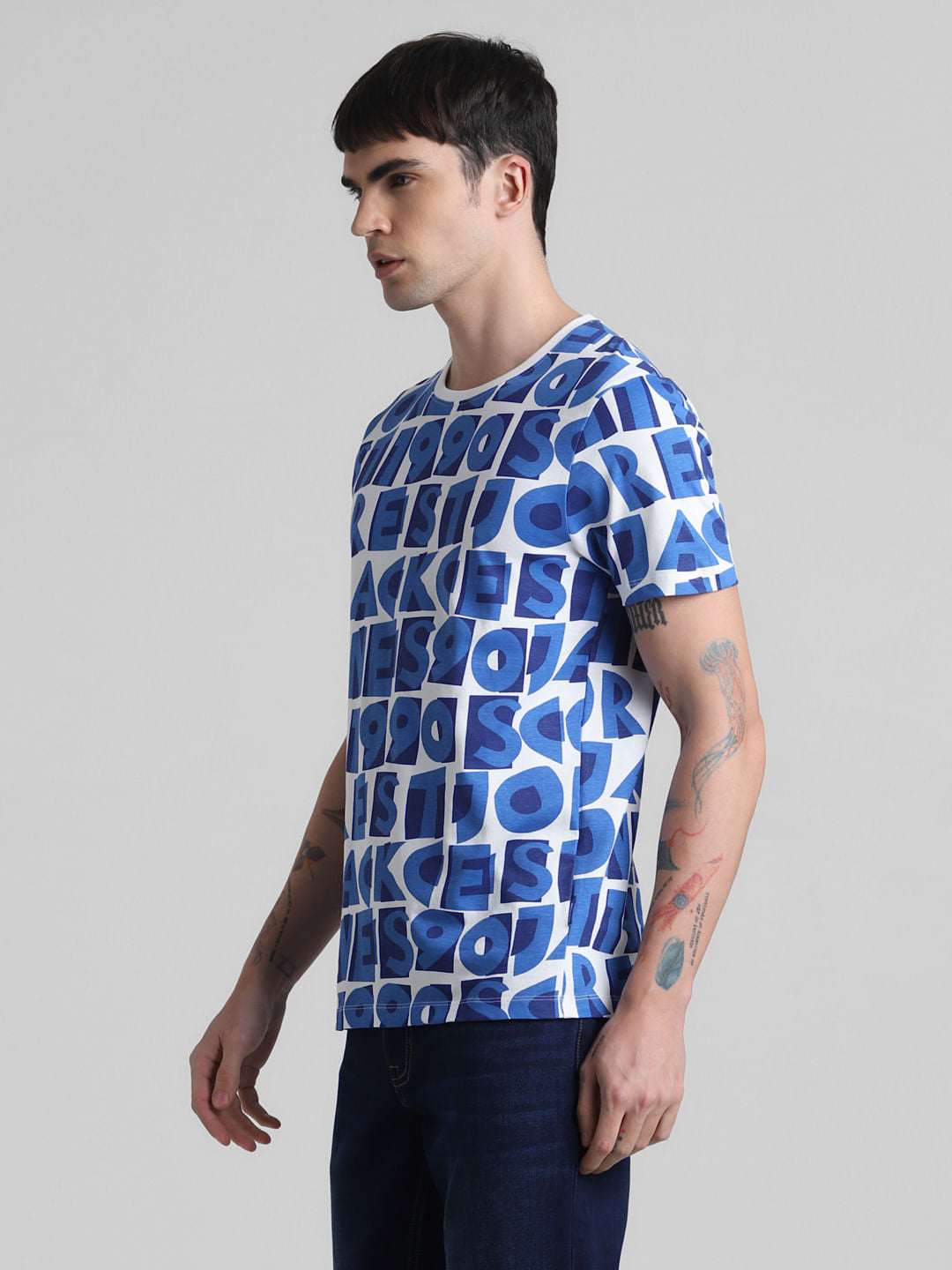 Blue Typographic Print Crew Neck T-shirt