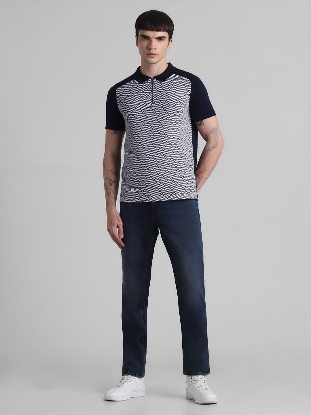 Blue Printed Zip Detail Knitted Polo