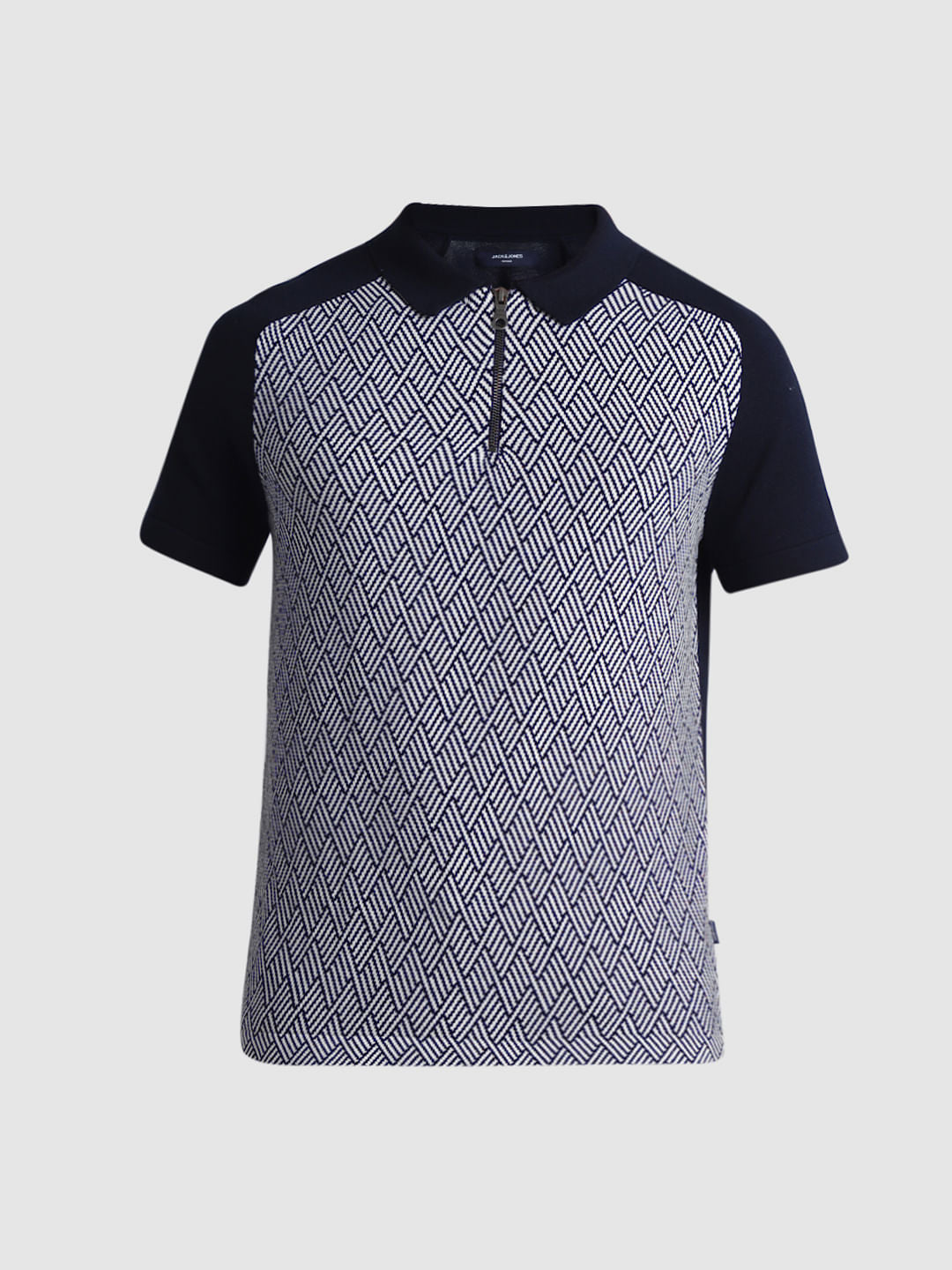 Blue Printed Zip Detail Knitted Polo