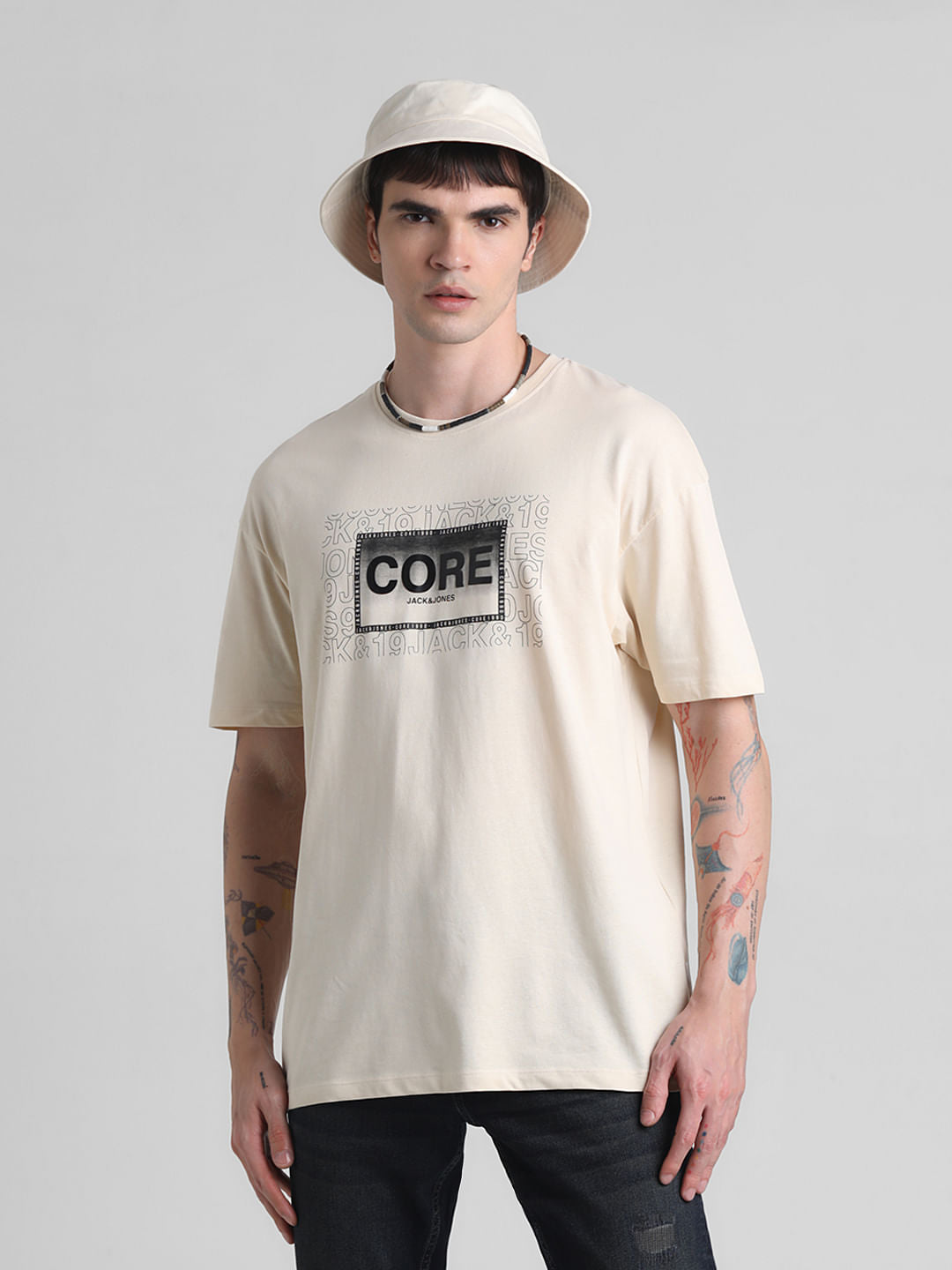 Beige Logo Oversized Crew Neck T-shirt - L
