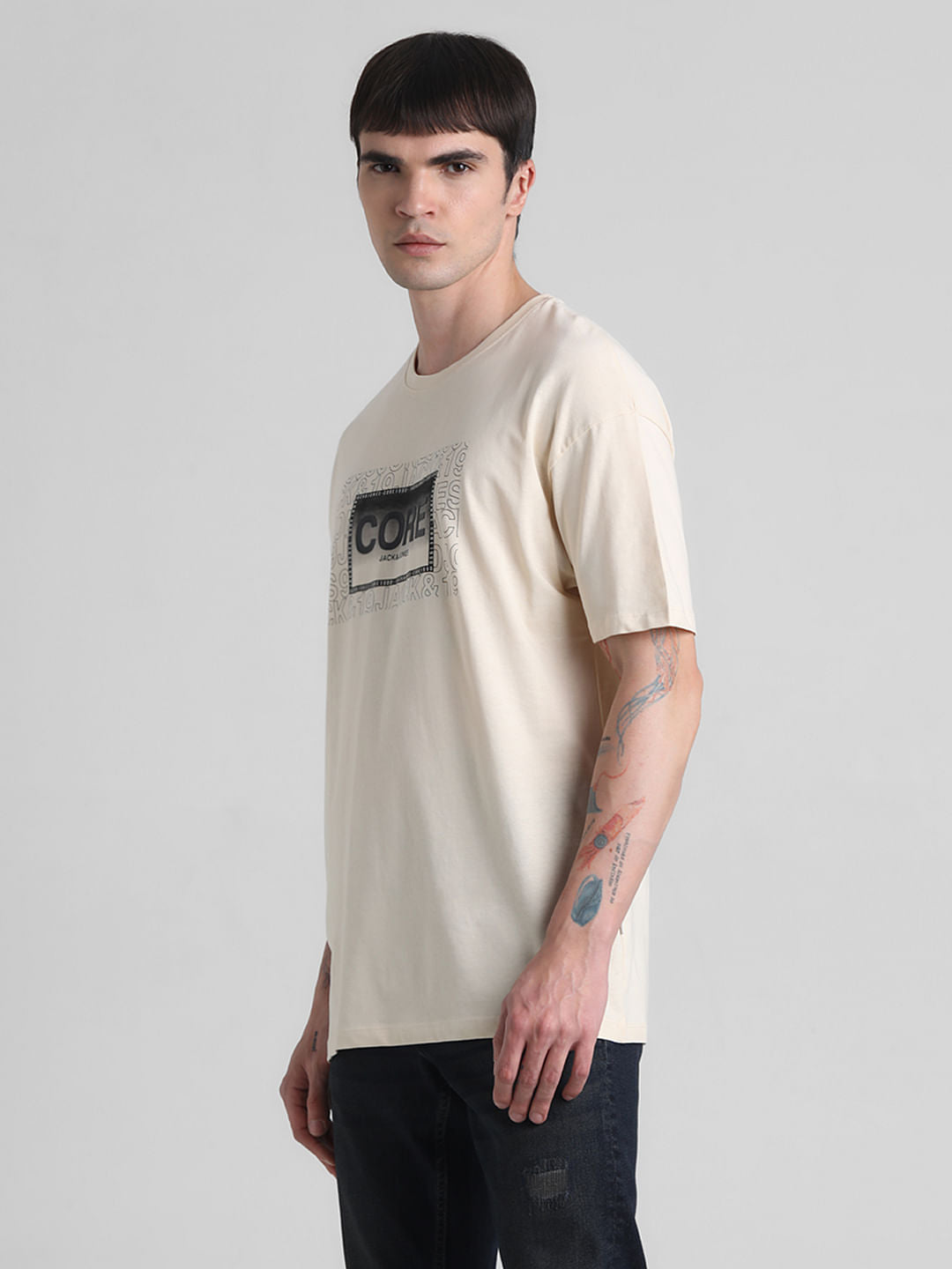 Beige Logo Oversized Crew Neck T-shirt