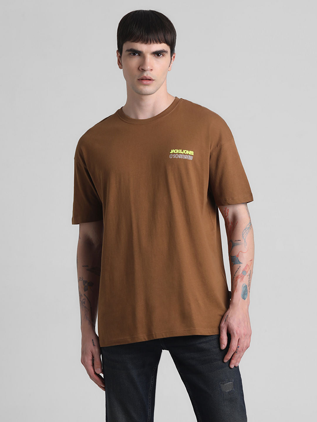Brown Printed Oversized Crew Neck T-shirt