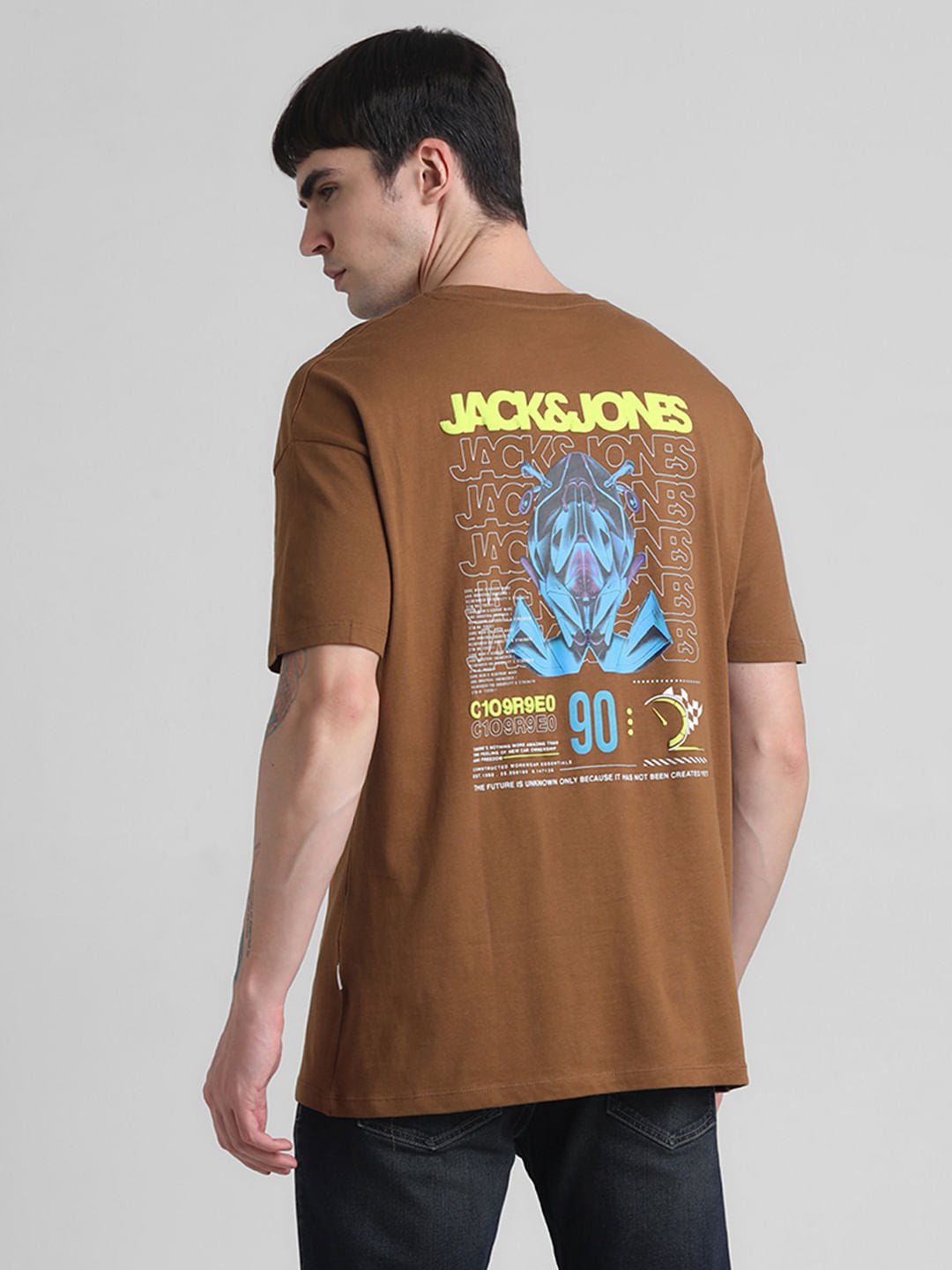 Brown Printed Oversized Crew Neck T-shirt