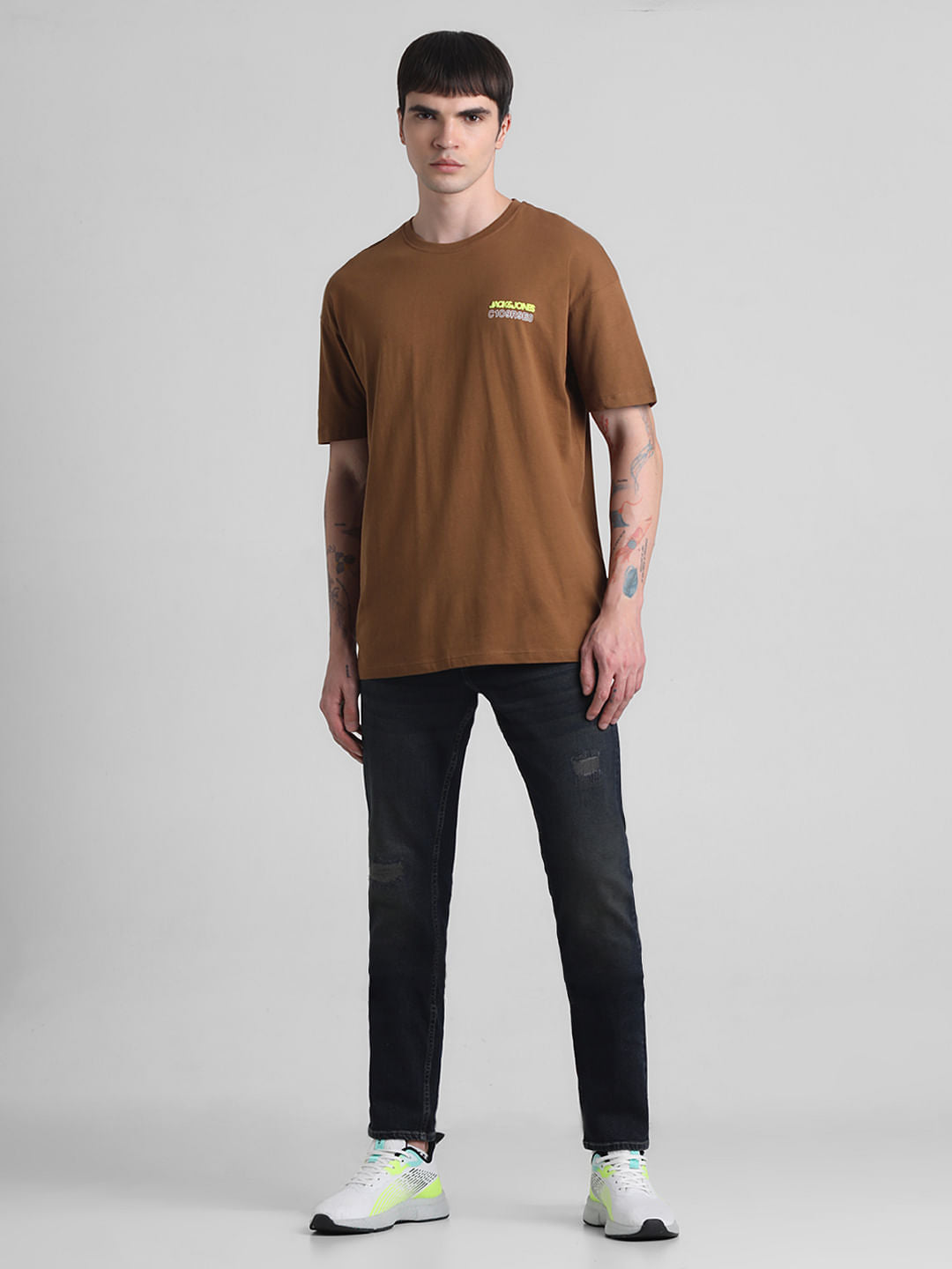 Brown Printed Oversized Crew Neck T-shirt