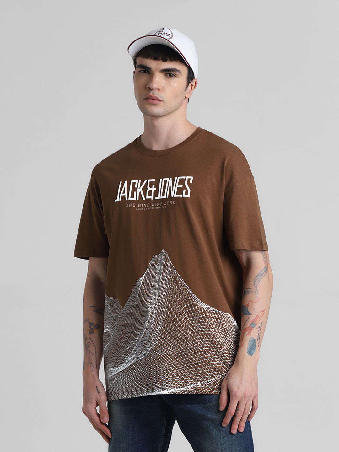 Brown Printed Oversized Crew Neck T-shirt - S