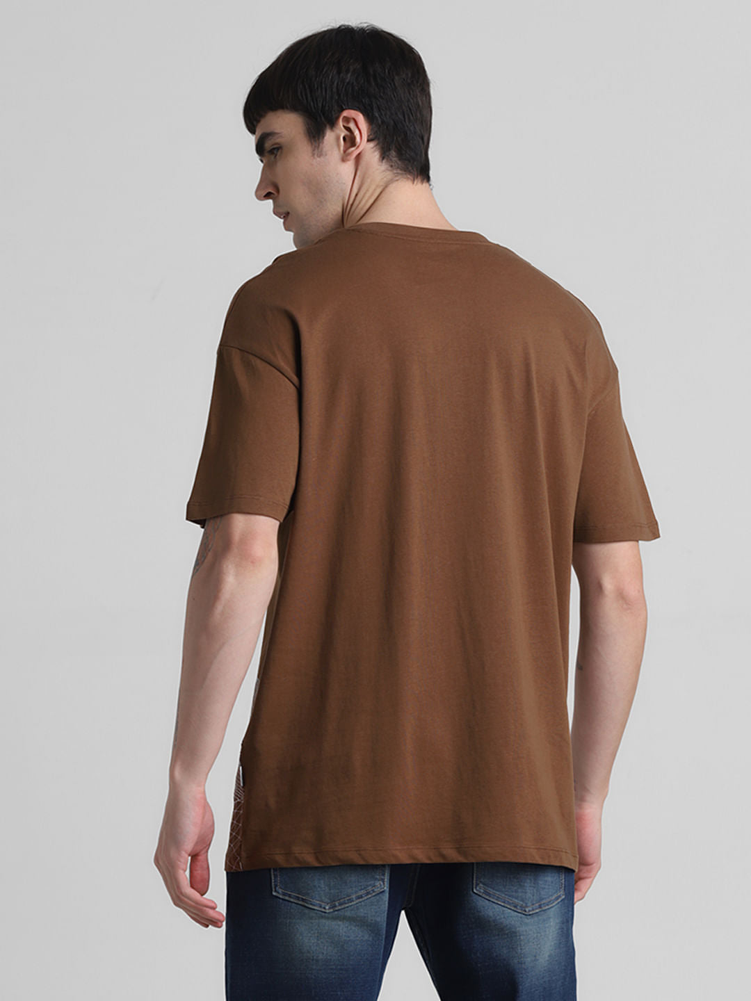 Brown Printed Oversized Crew Neck T-shirt