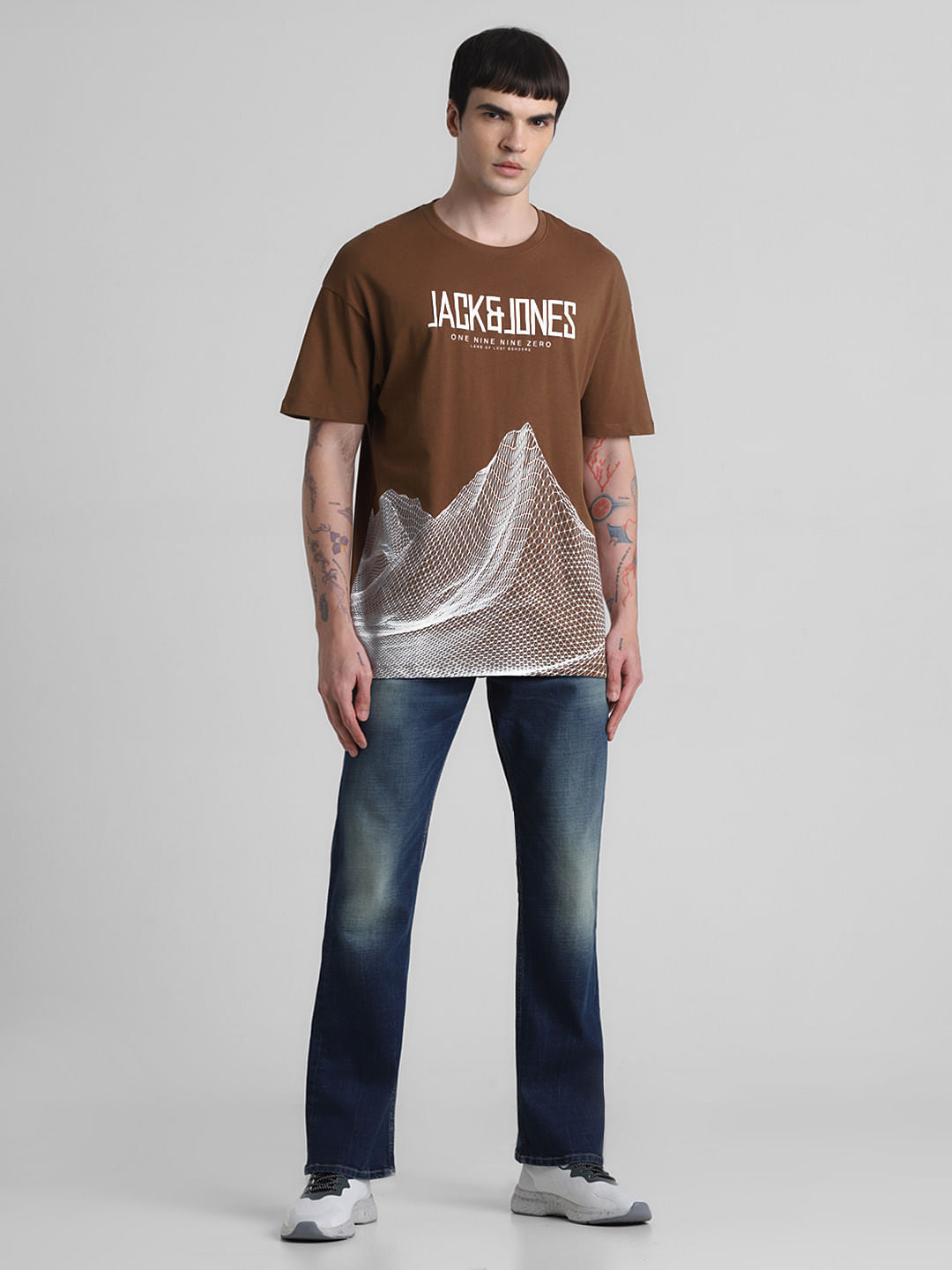 Brown Printed Oversized Crew Neck T-shirt