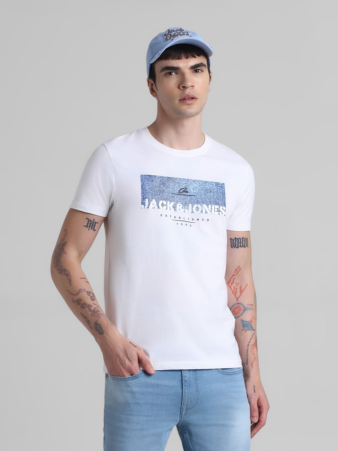 White Logo Print Crew Neck T-shirt - S